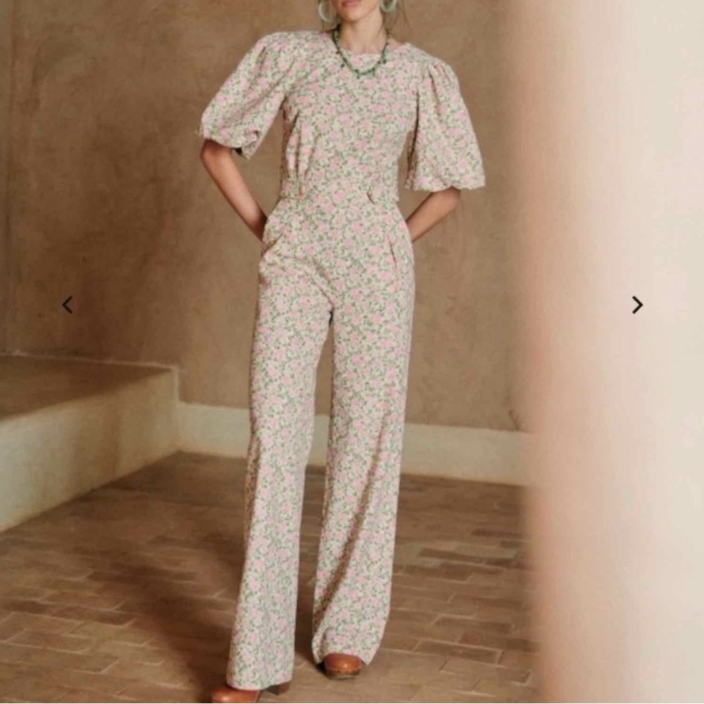 Sezane Claude Jumpsuit linen blend floral peonies size 38 us 6